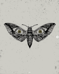 Ink drawing of a moth-like winged insect. Two human eyes on the wings peer at the viewer.