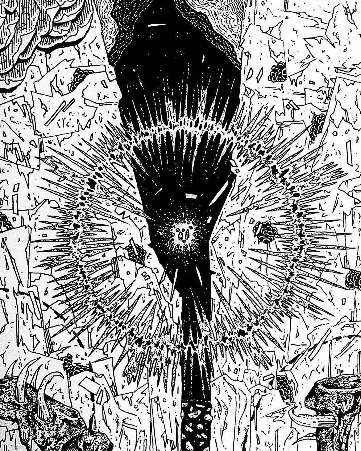 abstract illustration that depicts an explosion emanating from a crevice.