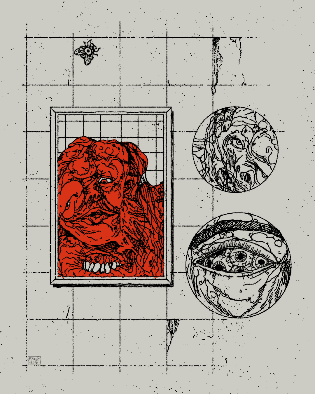 ink illustration depicting vignettes of iconic shots from the movie The Substance. Deformed creature looking into mirror. Eyeball with multiple pupils.