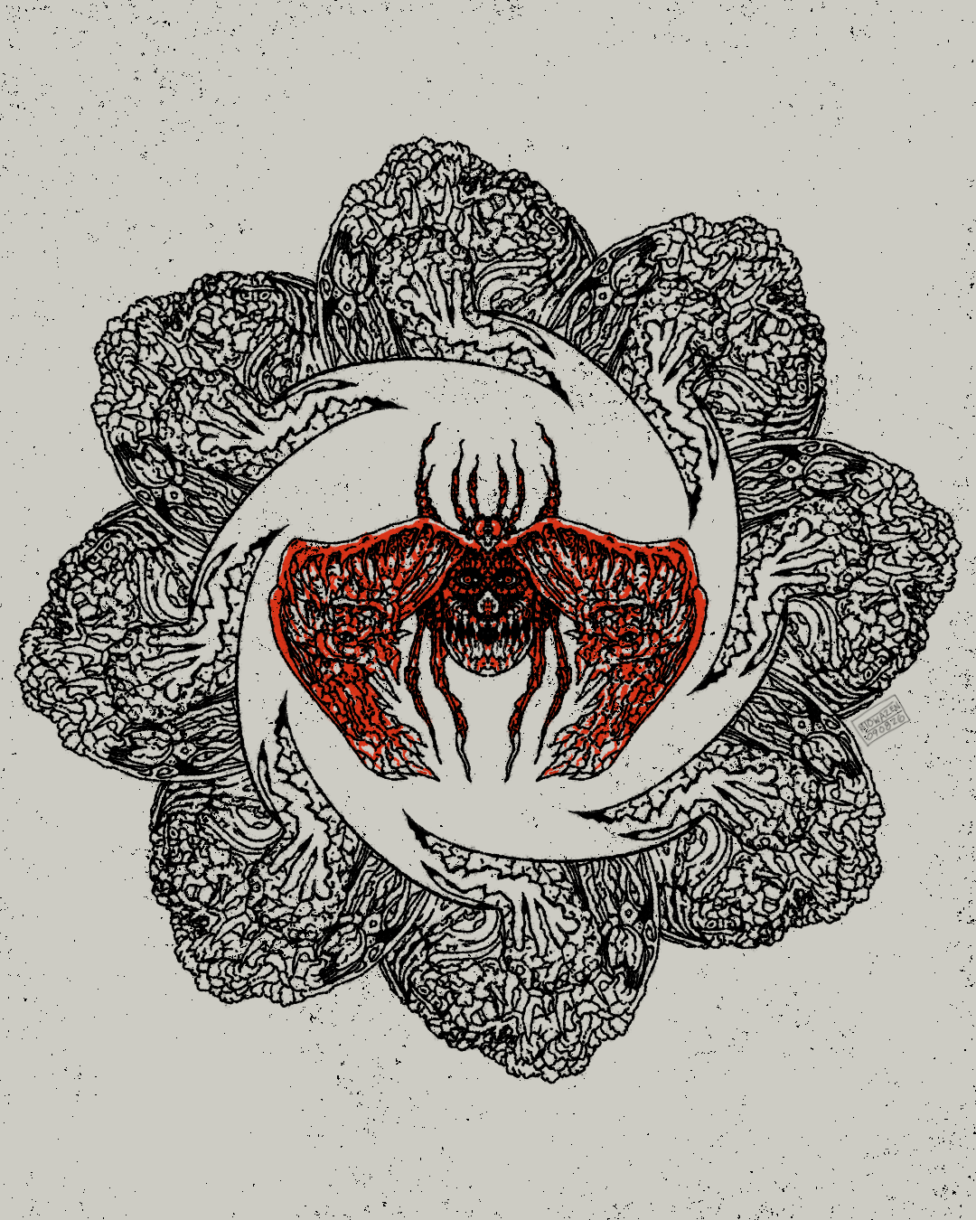 Ink illustration of a red, winged insect in the middle of an intricate motif.