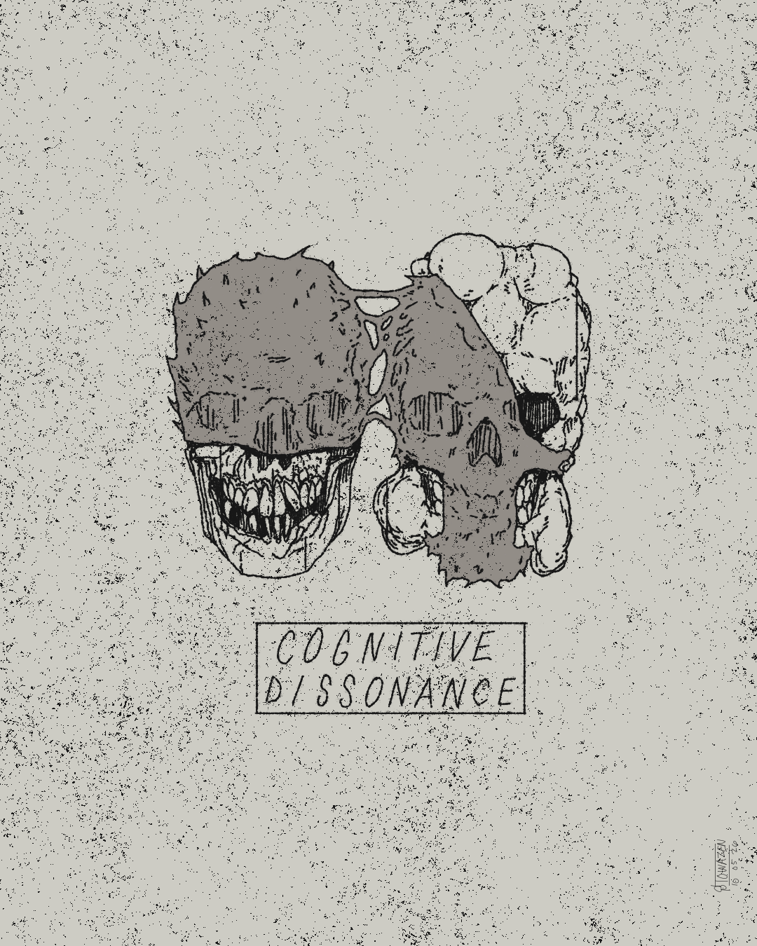 Two mutated skulls next to each other, covered in a bubblegum like grey material. The text below reads "cognitive dissonance".