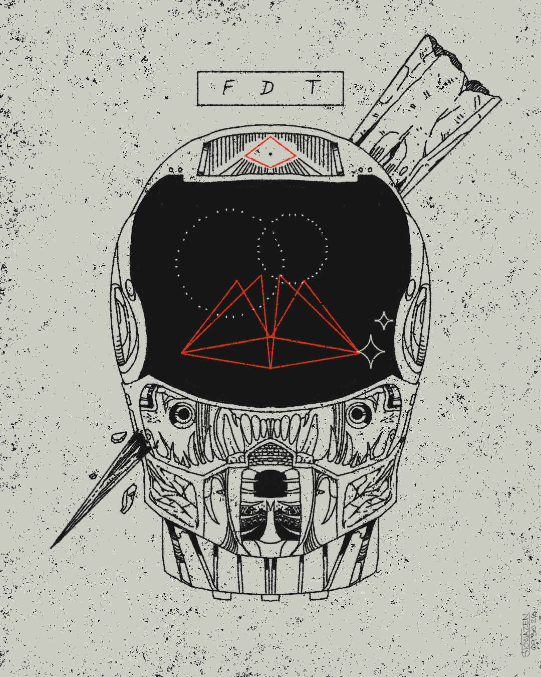Illustration of a stylized space helmet, pierced by a stake. The closed visor of the helmet shows some simple geometric shapes. Text above reads "FDT".