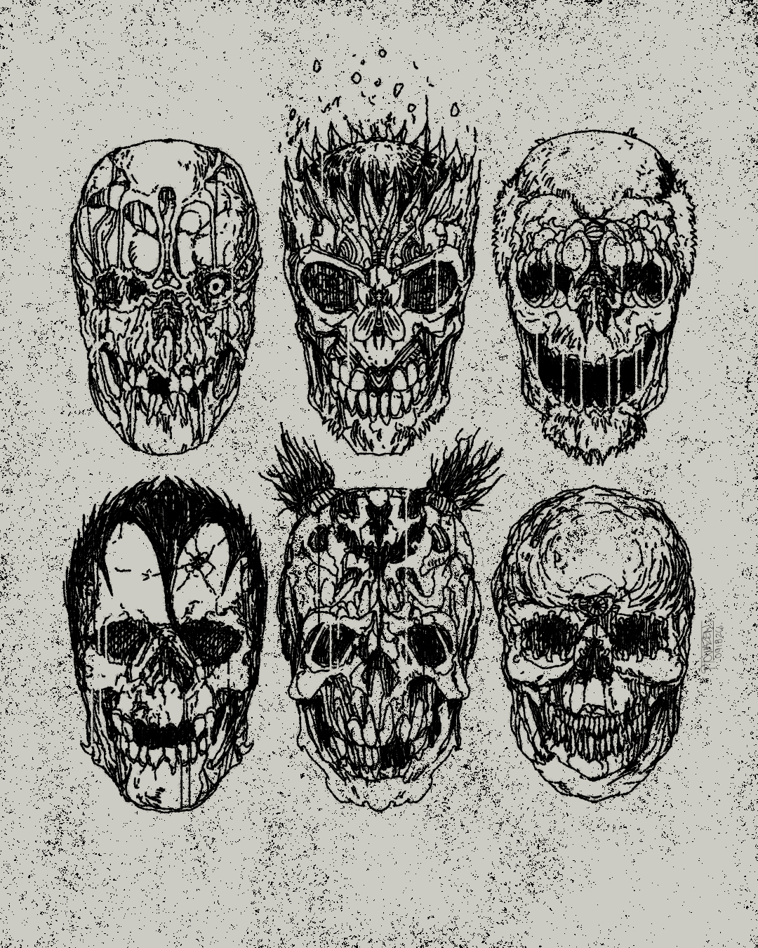an illustrated grid of six fantastically creepy skulls