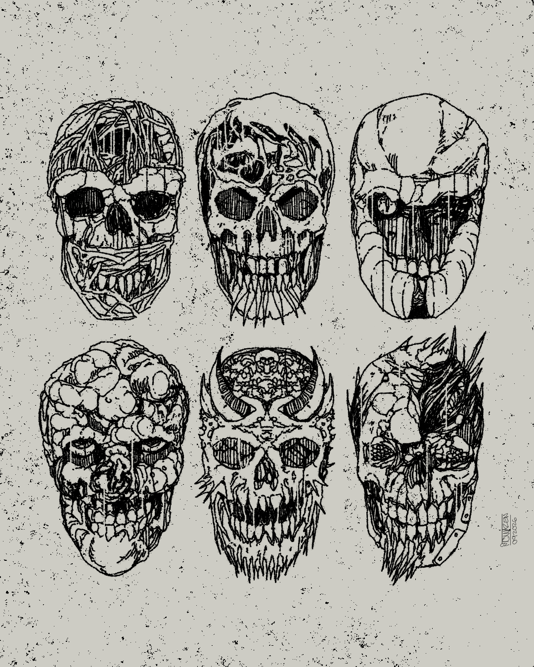 an illustrated grid of six fantastically creepy skulls