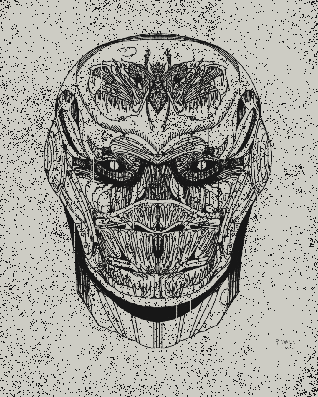 A fantastical ink illustration of a humanoid alien creature's head. The eyes are lizard-like, and the mouth features multiple rows of teeth. On its forehead is a winged insect.