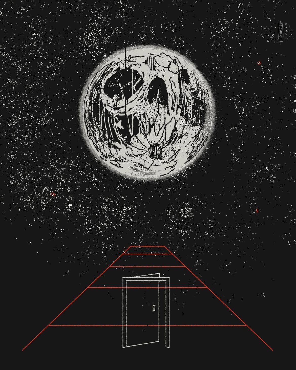 Abstract illustration of a skeletal moon on a dark textured background. Below the moon is a red red plane above a white door, slightly ajar.