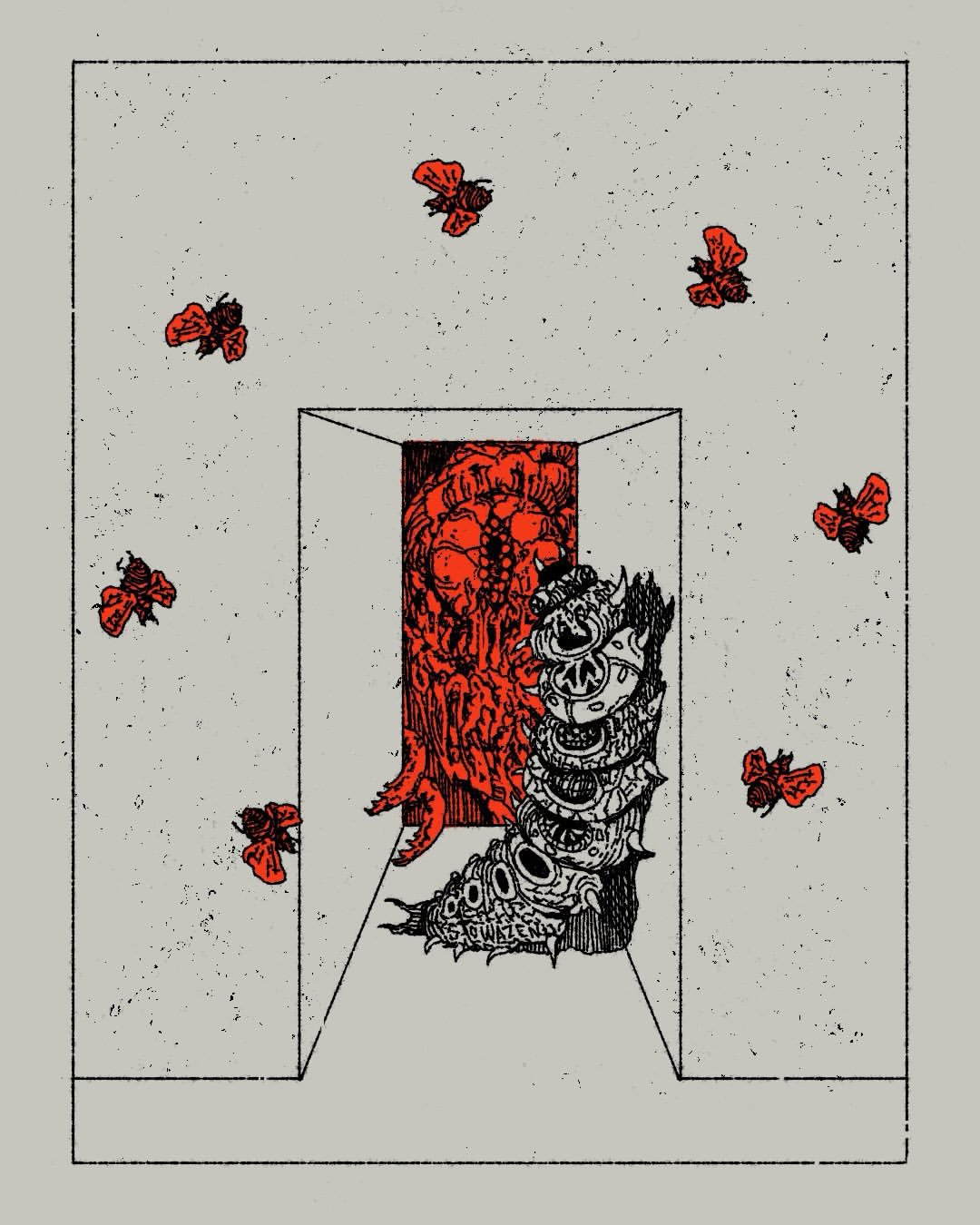 An illustration of a short passageway. A large red insect appears at the end, with a caterpillar in front of it. A ring of red moths fly around the entrance.