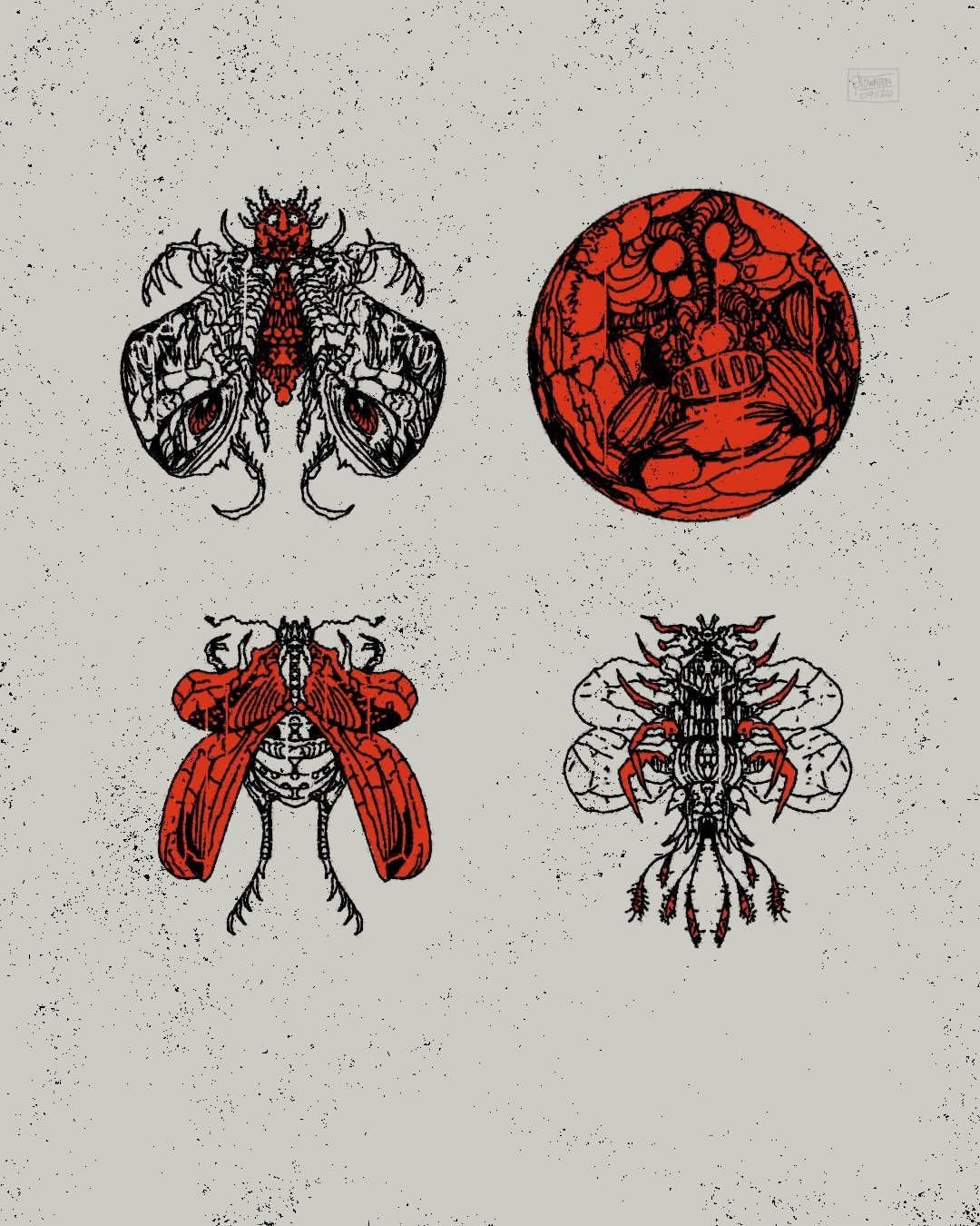 Ink illustration of three fantastical winged insects with red colored detail highlights. In addition a red circle shows organic details.