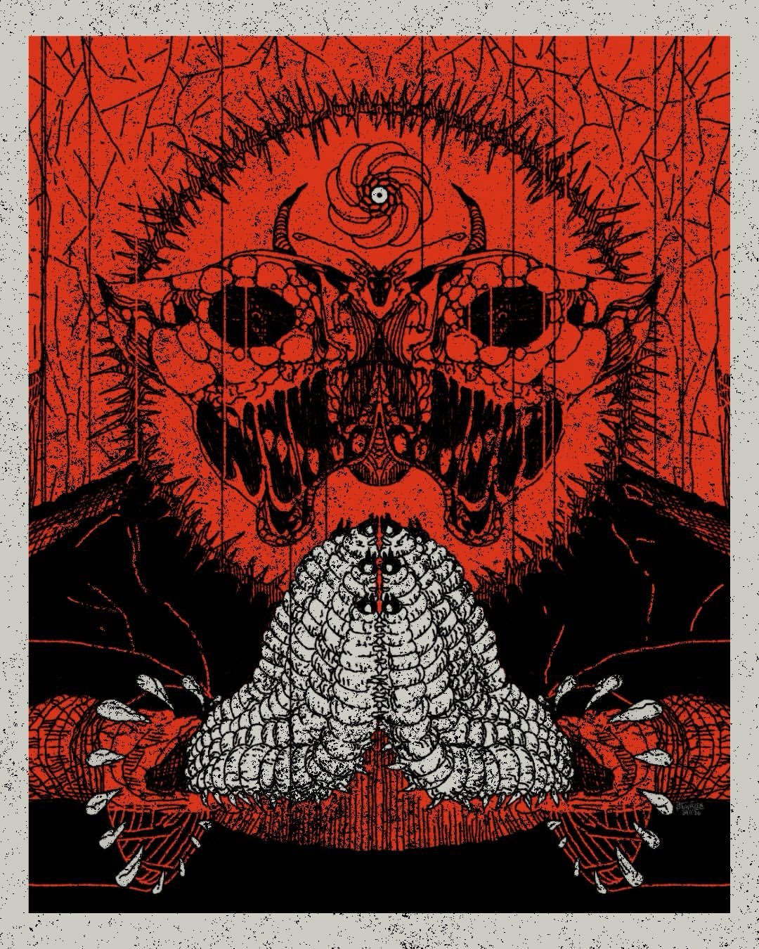 A surreal illustration depicting multiple caterpillar type creatures crashing into each other. Above them is an elaborate moth on a red background/